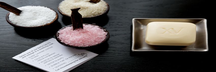 Three samples of our seasonal bath salts that are complimentary year round for our guests.