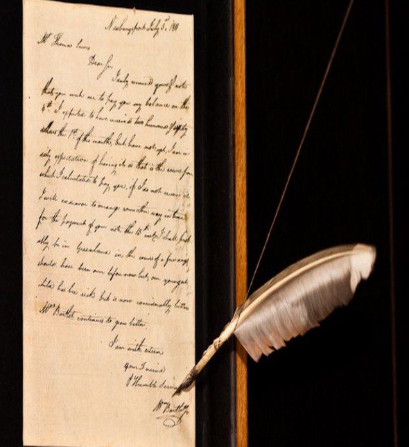 Historic piece of art that is showcased in a letter format with a feather pen