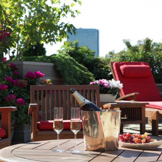 Photograph of our roof deck during the summer season. Bottle of champange and fresh grapes are showcased on the table as you are allowed to bring food and beverages up at your leisure