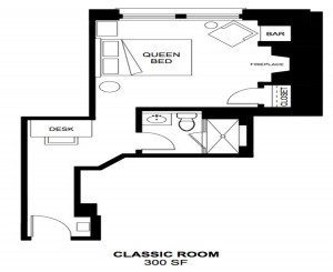Diagram of Classic- Approximately 300 square feet with a walk-in rainforest shower. Work space with a desk and comfortable chair in front of the fireplace. A 42" flat screen TV with a Queen Four Poster bed.