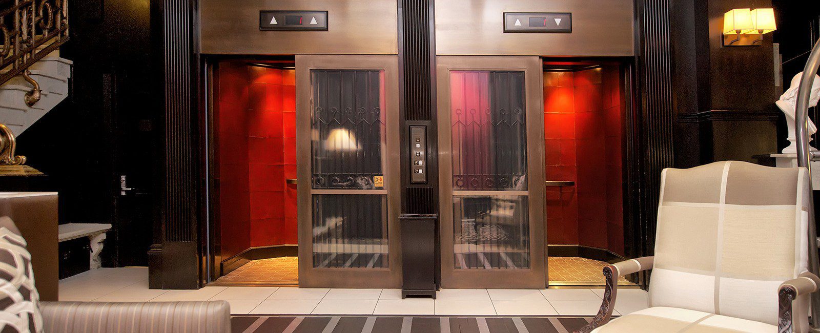 Hotel lobby's historic elevators that is an original feature of the building dating back to 1903