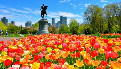 Photo of the Boston Common during Spring with Red and Yellow Tulips