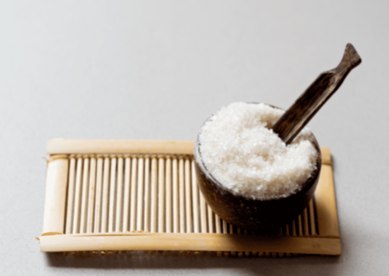 Seasonal bath salts showcased every so nicely on a bamboo display.