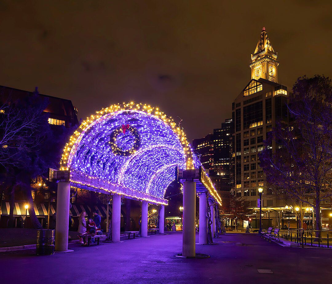 blue and yellow lights in Boston for the Christmas Holiday