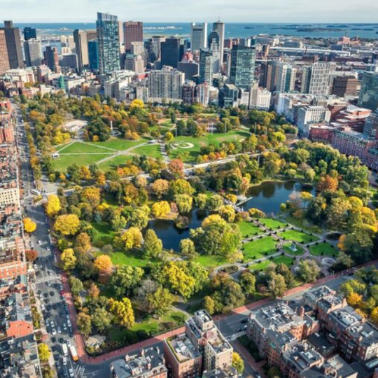 ariel view of Boston during the fall season